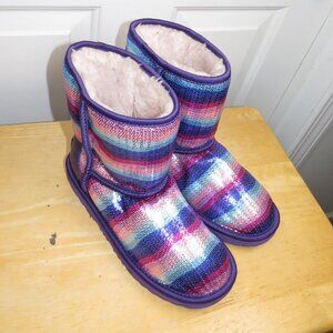 UGG Classic Short II Sequin Violet Rainbow Fur Boots Kids Size 5/Womens 6